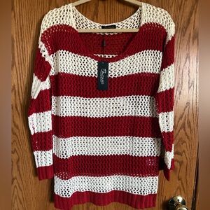 Baciano Red and White Striped Open Knit Sweater Long Sleeves Women's Size Medium